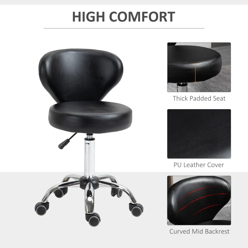 HOMCOM Adjustable Swivel Salon Stool with Backrest and Wheels, Office & Living Room Chair, Synthetic Leather, Black