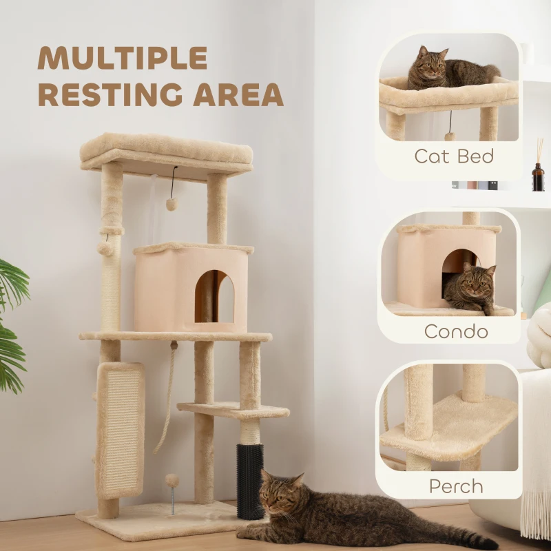 PawHut 52 Inch Cat Tree with Scratching Posts, Cat Bed, Condo, Grooming Brush, Jumping Platforms, Toy Balls, Anti-tip Kit