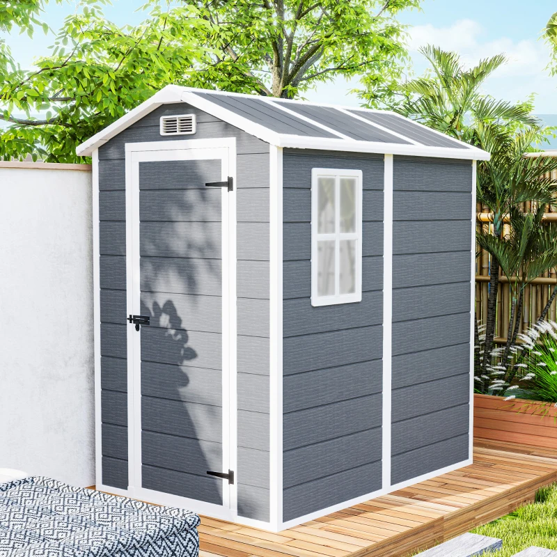 Outsunny 6' x 4' Outdoor Storage Shed, Plastic Shed with Floor, Window, Lockable Door and Vents for Outdoor Patio Storage, Gray