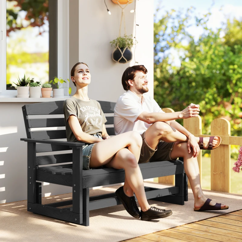 Outsunny Patio Glider Bench w/ HDPE Slatted Double Rocking Chair, Distressed Black