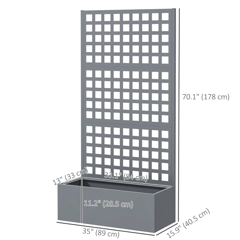 Outsunny Galvanized Raised Garden Bed Planter Box with Trellis for Climbing Plant, Vegetable, Vine, 35"x16"x70" Grey Wood Effect