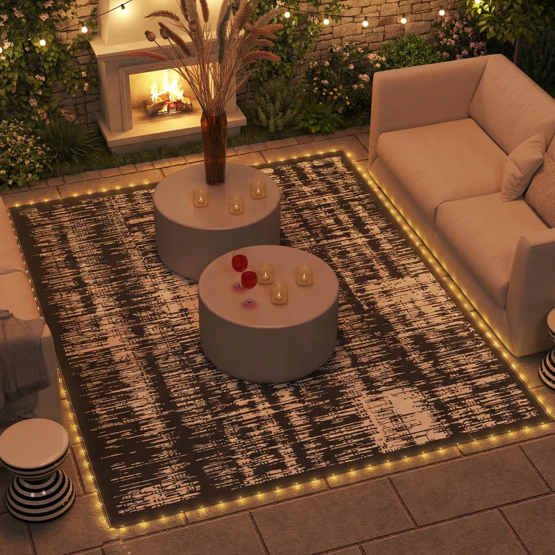 Outsunny Reversible Outdoor Rug Carpet with LED Lights, Carry Bag & Ground Stakes for Backyard, Deck, Picnic, Beach, 12' x 9'