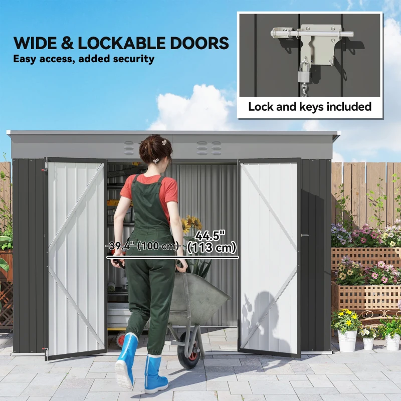Outsunny 9' x 4' Galvanized Steel Garden Storage Shed with Lockable Doors, Gloves and 2 Air Vents for Backyard, Patio, Lawn