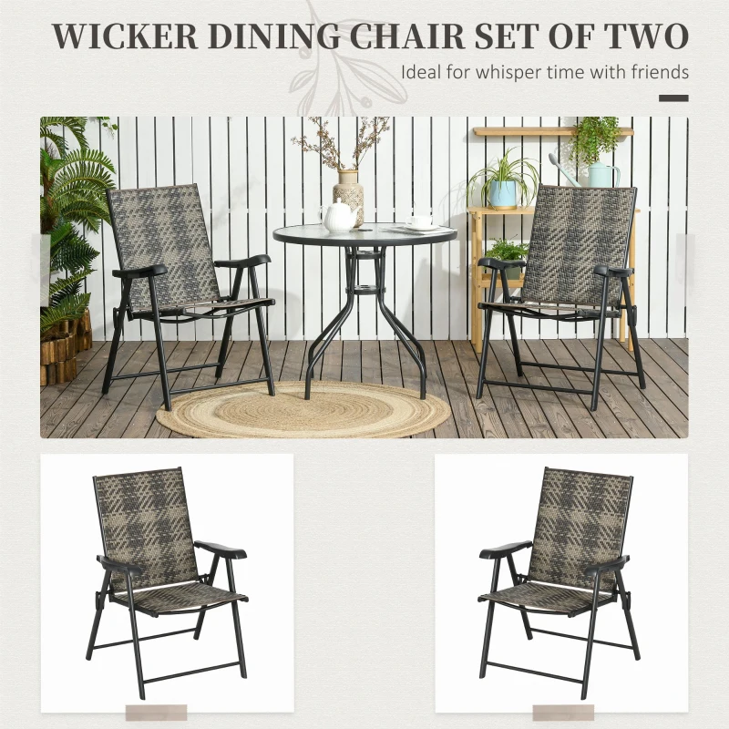 Outsunny Patio Wicker Dining Chair Set of 2, Outdoor Dining Chair Set, PE Rattan Foldable Chair with Steel Frame for Garden, Backyard, Porch, Grey/Beige