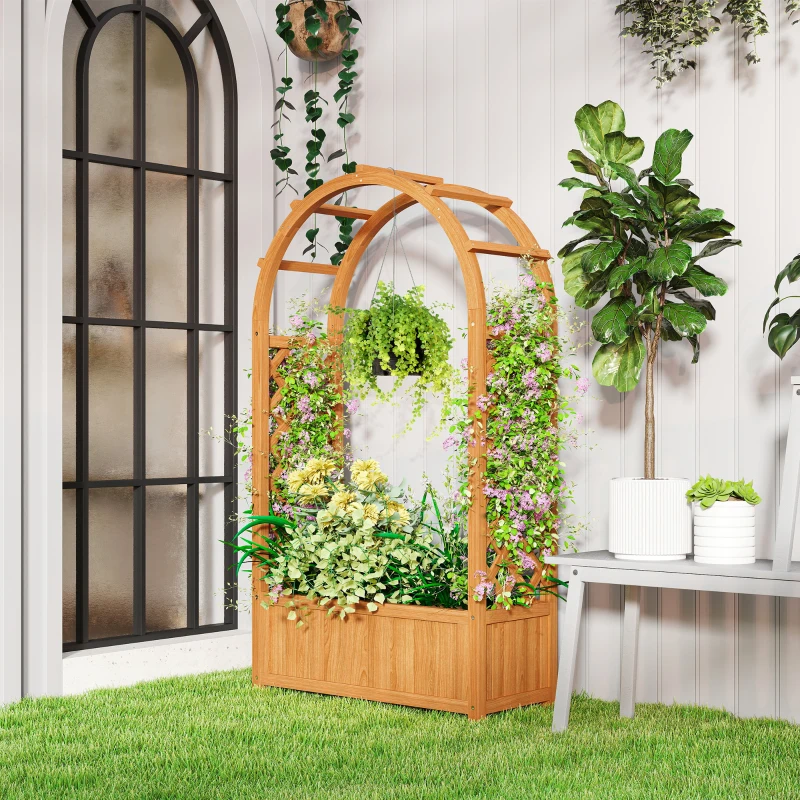 Outsunny Wooden Raised Garden Bed with Arch Trellis, 33" x 14" x 57" Raised Planter Box with Drainage Holes, Trellis Planter for Vine Climbing Plants