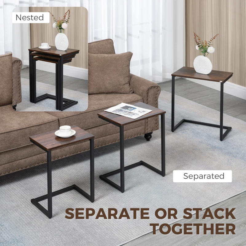 HOMCOM Nesting Coffee Table Set of 3, Stackable Rectangular End Tables with Wood-Effect Top, Metal Frame, Industrial & Rustic C-Shaped for Small Space, Living Room, Rustic Brown