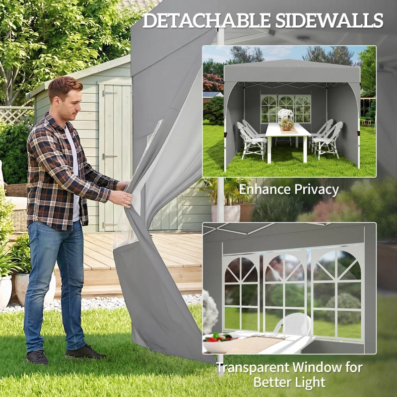 Outsunny 9.6 x 9.6 ft Pop Up Canopy Tent with 3 Sidewalls, UPF 50+ 1-Button Push Easy Setup Outdoor Instant Canopy, Light Grey