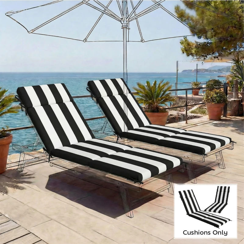 Outsunny Outdoor Chaise Lounge Cushions Set of 2 with 6 Ties, High-Density Foam, for Patio and Poolside, Black and White
