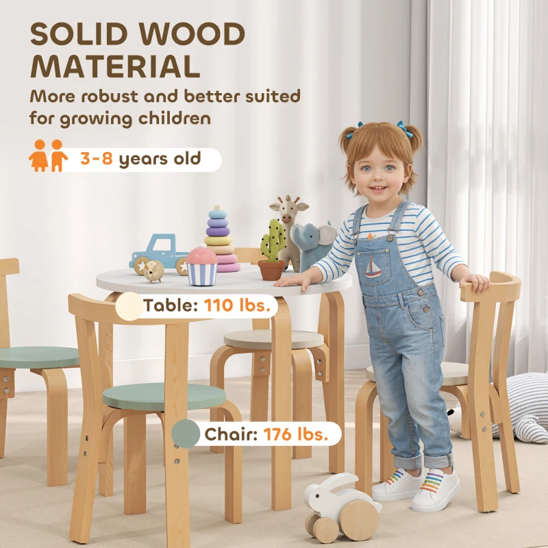 Qaba Wooden Kids Table and Chairs Set, 5 Piece Wooden Toddler Table and Chairs Set for Ages 3-8 Years, Green
