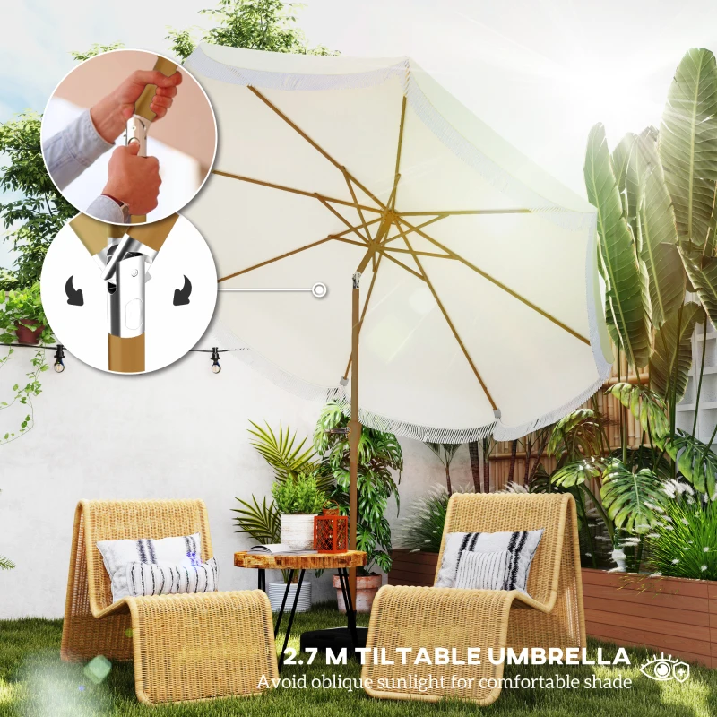 Outsunny 9FT Patio Umbrella Parasol, UPF 30+ Outdoor Market Umbrella with Crank, 8 Ribs, Push Button Tilt, Cream White