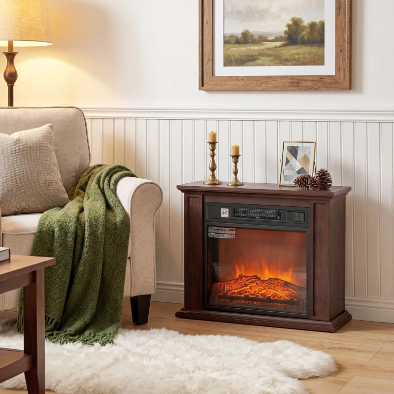 HOMCOM 26" Freestanding Electric Fireplace with Mantel, 1400W Replaceable Fireplace Insert Heater with 3D Flame Effect, Brown