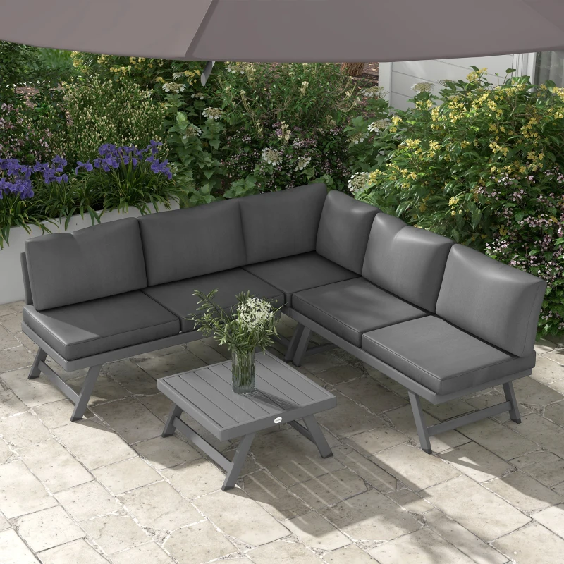 Outsunny Outdoor Corner Garden Set, Convertible 4-Piece Furniture with 2 Sofas, 1 Corner Chair, and 1 Coffee Table, Grey