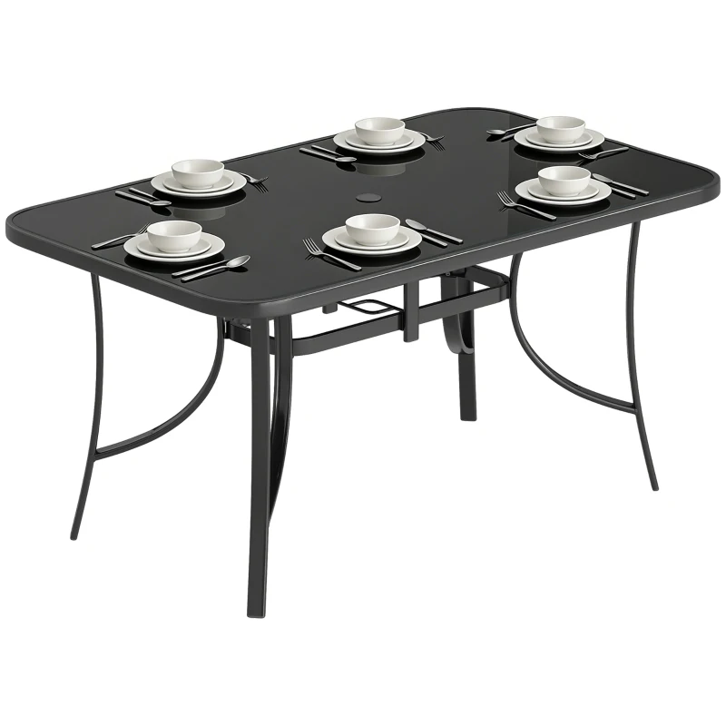 Outsunny Outdoor Dining Table for 6 with Umbrella Hole, Metal Patio Dining Table with Tempered Glass Top