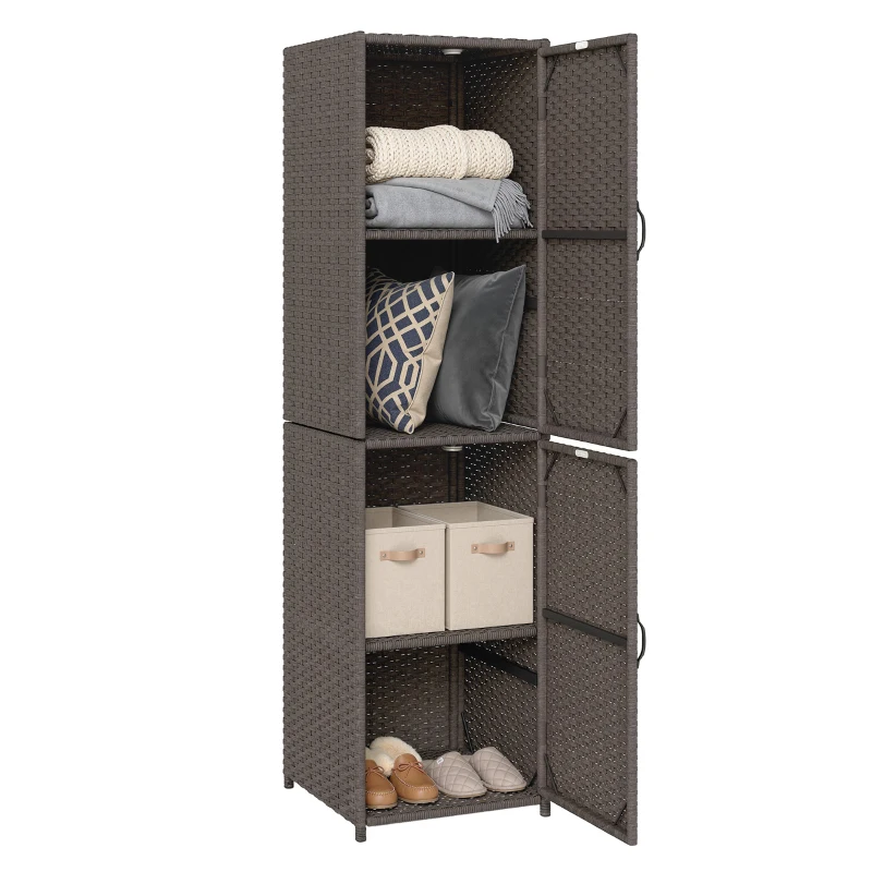 Outsunny Wicker Outdoor Storage Cabinet, 4 Shelf Patio Storage Cabinet with Adjustable Shelves and Magnetic Doors, Brown