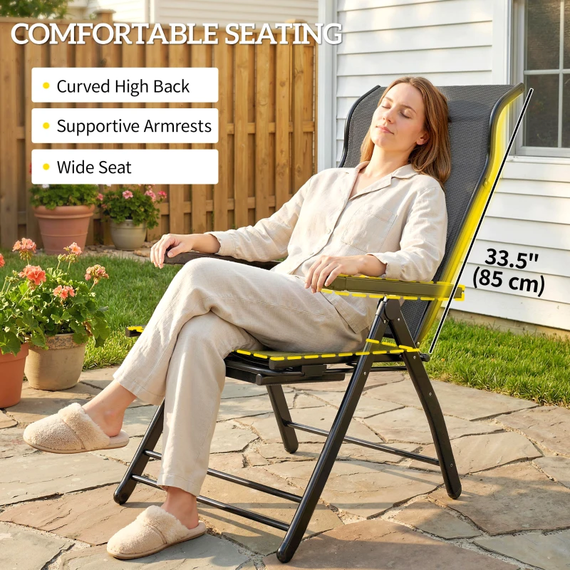 Outsunny Folding Patio Chairs Set of 2, 5-Position Outdoor Lounge Chairs with High Back, Retractable Footrest, Dark Grey