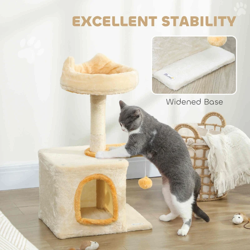 PawHut 28" Cat Tree Tower with Plush Top Bed, Cozy Condo, Sisal Scratching Post, Perch, Dangling Ball, Beige and Yellow