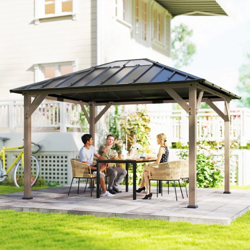 Outsunny 10' x 12' Hardtop Gazebo with Galvanized Steel Roof, UPF50+ Wood Permanent Pavilion with Clear Roof Top, Light Walnut