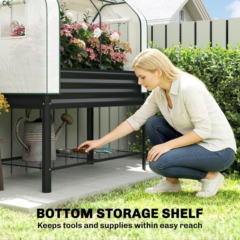 Outsunny Galvanised Raised Garden Bed with Greenhouse Cover, Metal Elevated Garden Bed with Bed Liner, Bottom Shelf, Black