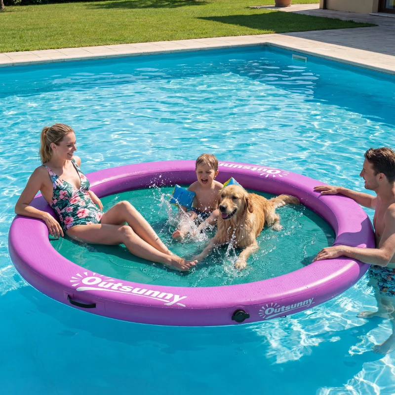 Outsunny 8FT Inflatable Water Hammock Floating Ring, Inflatable Floating Dock Platform for for Lakes, Pools, Oceans, Purple