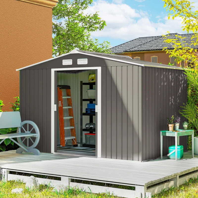Outsunny 9' x 6' Outdoor Storage Shed, Garden Tool Metal Shed with Foundation Kit, Light Gray