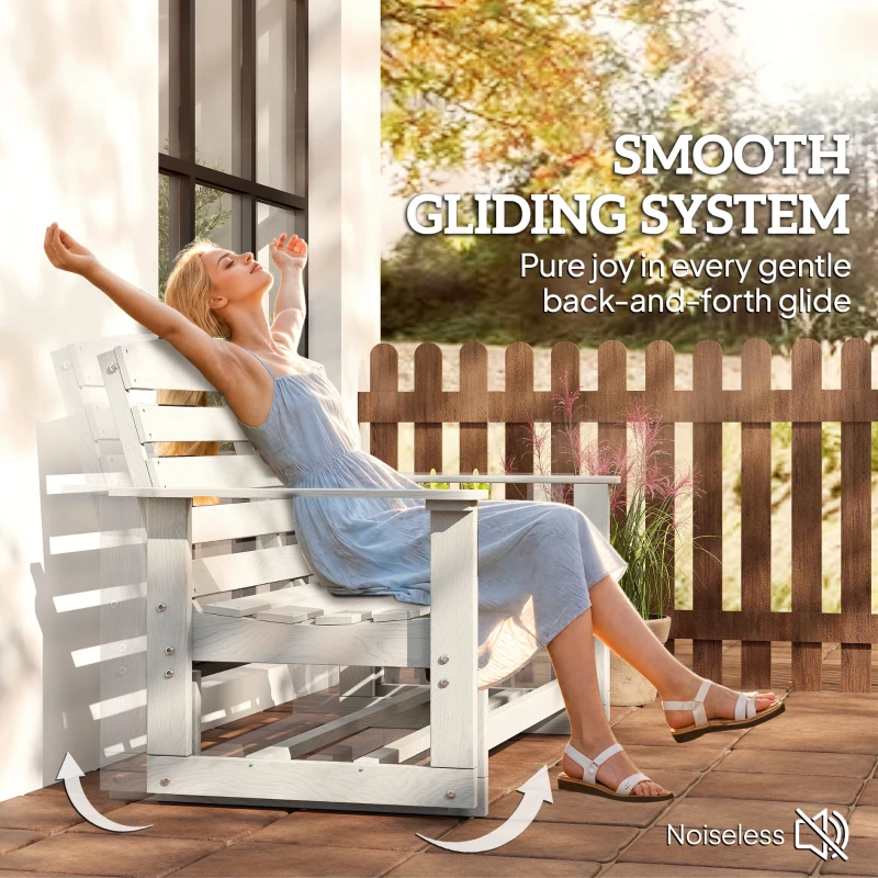 Outsunny Patio Glider Bench w/ HDPE Slatted Double Rocking Chair, Distressed White
