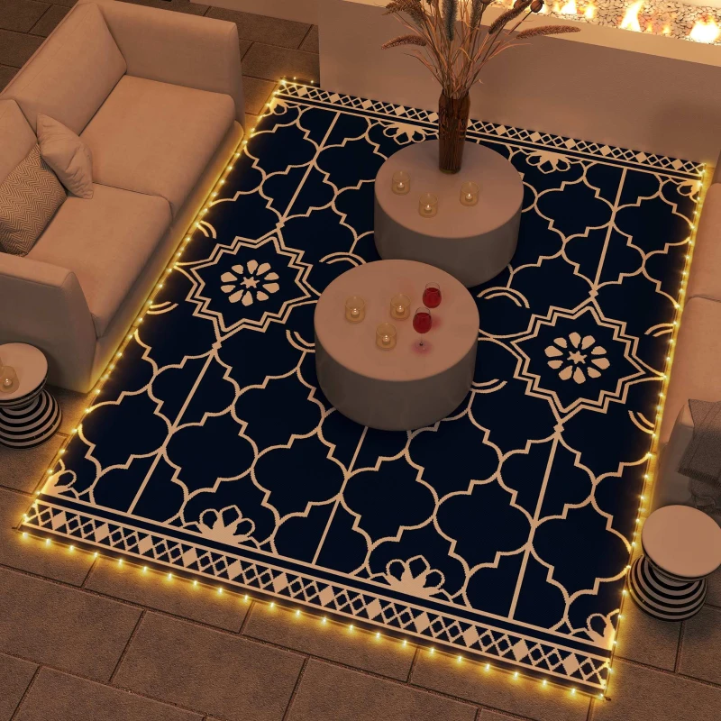 Outsunny Reversible Outdoor Rug Carpet with LED Lights, 12' x 9' PP Straw Rug with Carry Bag and Ground Stakes
