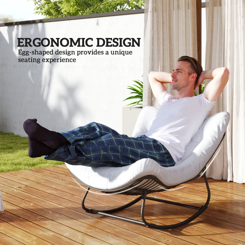 Outsunny Oversized Rattan Patio Egg Chair, Outdoor Rocking Chair with Padded Cushion for Indoor, Porch, Cream White
