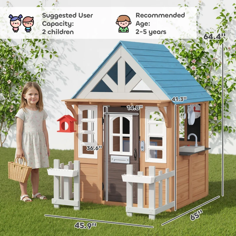 Qaba Wooden Kids Playhouse with Pet Door, Play Kitchen, Mailbox, Doorbell, Birdhouse, Fence and Windows for Pretend Play