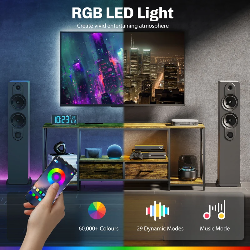 HOMCOM Industrial TV Stand for up to 55 Inch TV, TV Console with Charging Station and RGB LED Lights, Rustic Brown