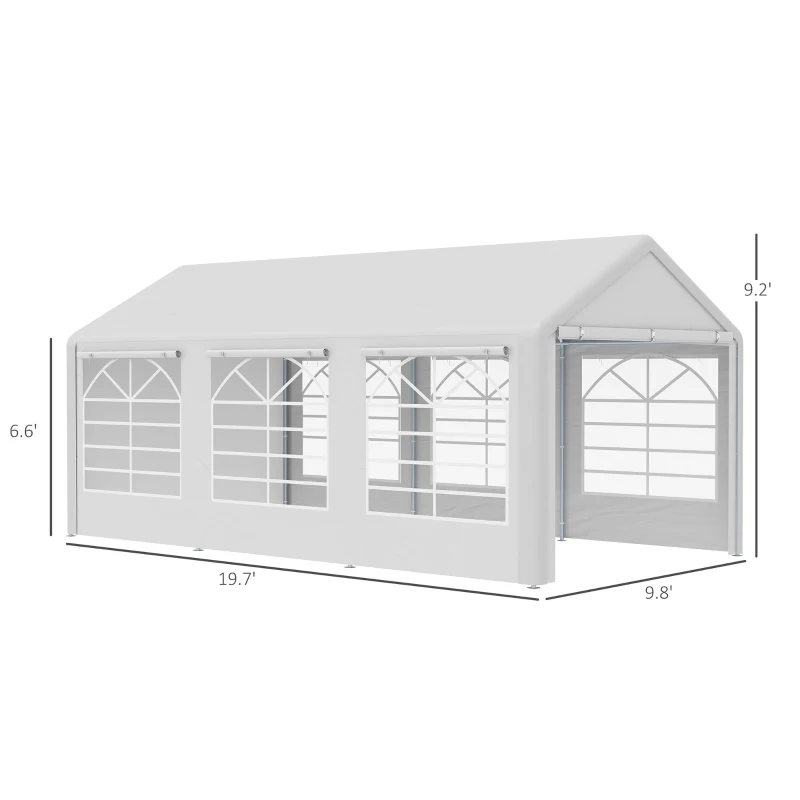 Outsunny 20’ x 10’ Heavy Duty Party Tent Outdoor Carport Canopy Shelter Gazobo with Sidewall, Zipper Door and Windows, White