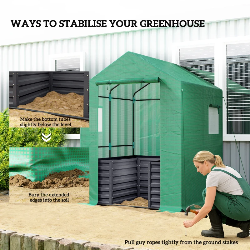 Outsunny Greenhouse with Raised Garden Bed, Galvanized Steel Outdoor Greenhouse with Roll Up Door, 56" x 56" x 75", Dark Gray