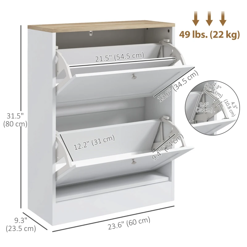 HOMCOM Slim Shoe Storage Cabinet, Modern Shoe Cabinet with 2 Flip Drawers and Adjustable Shelves for 8-12 Pairs, White