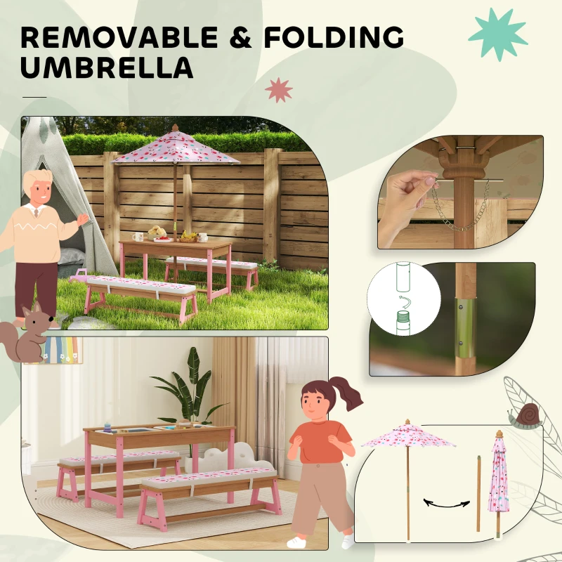 Qaba Kids Picnic Table and Bench Set with Removable Umbrella, Cushions & Boxes, Flamingo Theme for Outdoor, Pink