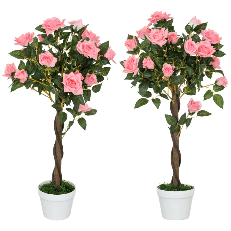 Outsunny 3FT Artificial Plant Pink Rose Floral Set of 2 in Pot, Fake Plant for Home Indoor Decor