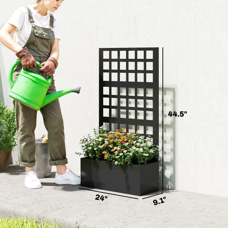 Outsunny Galvanized Raised Garden Bed Planter Box with Trellis for Climbing Plants, Vegetable, Vines, 24" x 9" x 44.5", Black
