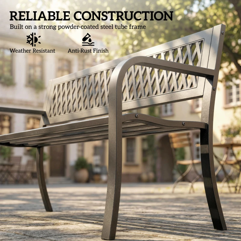 Outsunny Outdoor Bench with Floral Backrest 2 Seater Garden Bench with Armrests for Yard Park Balcony Black