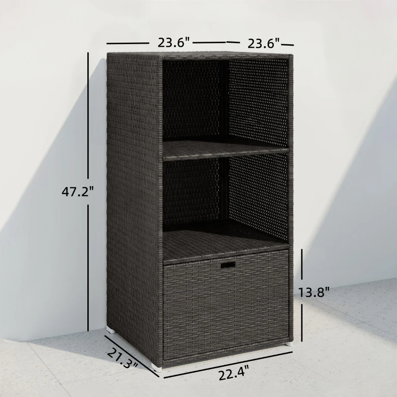 Outsunny Valet Pool Towel Rack, Water-Resistant PE Plastic Rattan Wicker Storage Organizer, 2 Shelves, 1 Basket Drawer