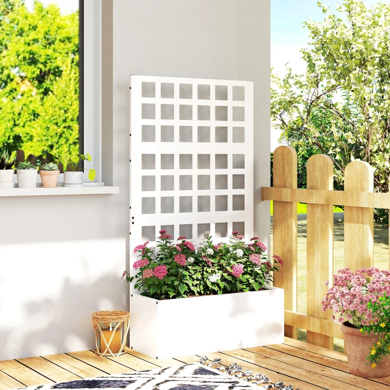 Outsunny Galvanized Raised Garden Bed Planter Box with Trellis for Climbing Plants, Vegetable, Vines, 24" x 9" x 44.5", White