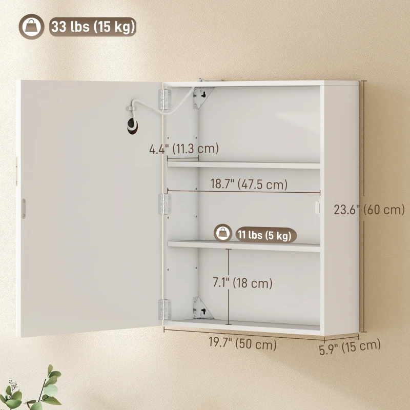 HOMCOM Bathroom Medicine Cabinet with Lights, Wall Mounted Mirror Cabinet with Demister Pad, Adjustable Shelves, White