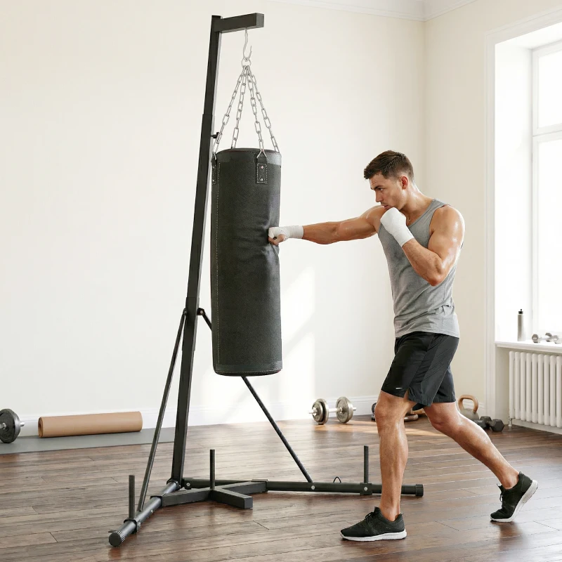 Soozier Punching Bag with Stand for Adults, 72.8"-90.9" Height Adjustable Freestanding Boxing Stand with Canvas Sandbag, Black