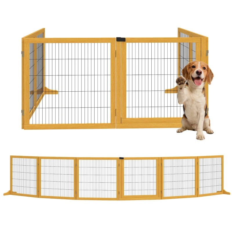 PawHut Wooden Freestanding Pet Gate w/ 2 Support Feet, Yellow