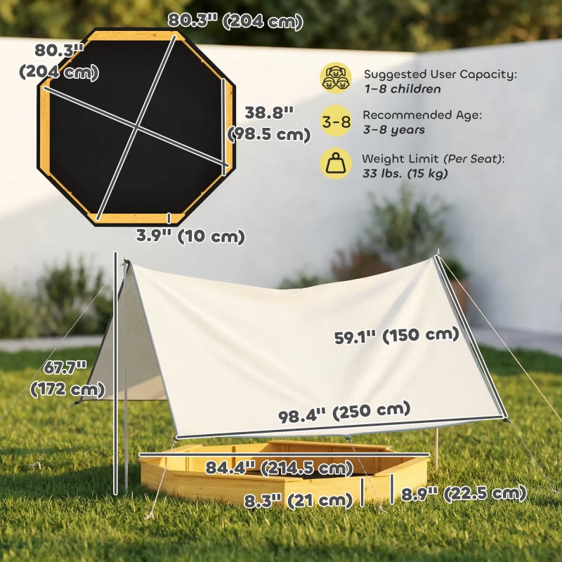 Qaba Wooden Kids Wooden Sandbox with Large Canopy, Outdoor Sand Box with 4 Bench Seats, Bottom Liner for Aged 3-8, Yellow