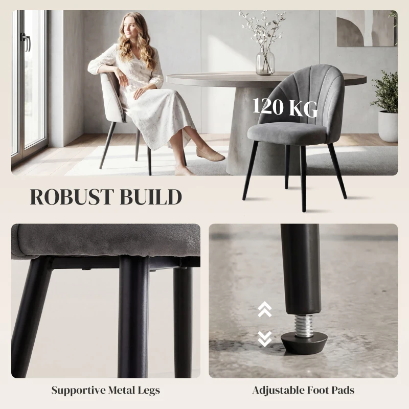 HOMCOM Armless Dining Chairs with Curved Backrest, Velvet-feel Accent Chairs for Kitchen, Living Room, Guest Room, Grey