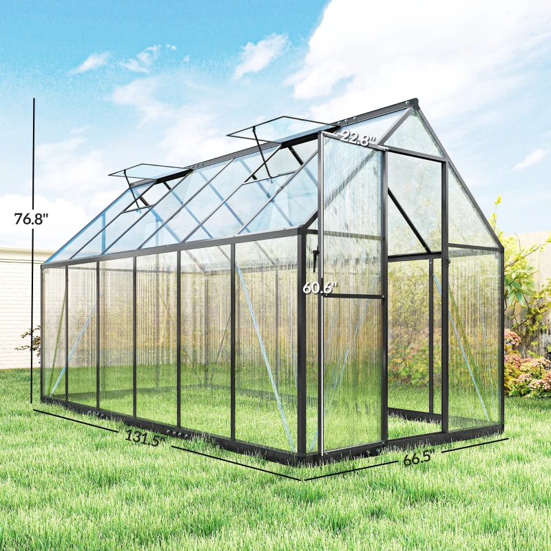 Outsunny Polycarbonate Greenhouse with Swing Door and Two Adjustable Roof Vents, Aluminum Walk-in Greenhouse, 11x6 ft, Black