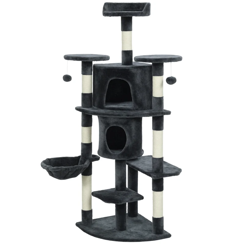 PawHut 62" Cat Tree with Scratching Post, 2 Condos, Hammock, Perches, Plush, Pompoms, for Indoor Cats, Dark Grey