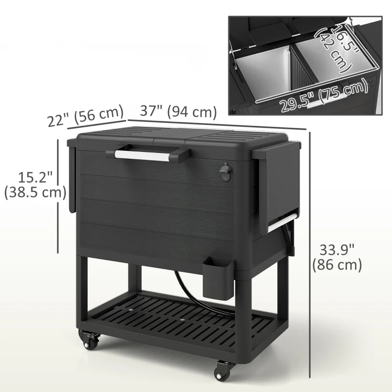 Outsunny 104 Quart Large Capacity Outdoor Cooler Cart, Patio Rolling Ice Chest with Bottle Opener Shelves Wheels, Black