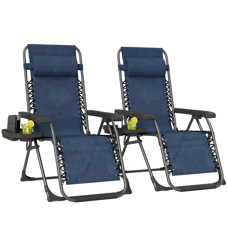 Outsunny Zero Gravity Chair Set of 2, Folding Reclining Outdoor Lounge Chair with Cup Holder, Headrest, Dark Blue