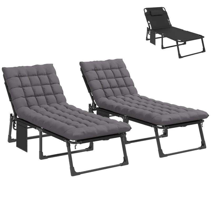 Outsunny Folding Chaise Lounge Chair Outdoor Tanning Chair Set of 2 with 5-Position Backrest, Cushions, Side Pocket, Dark Gray