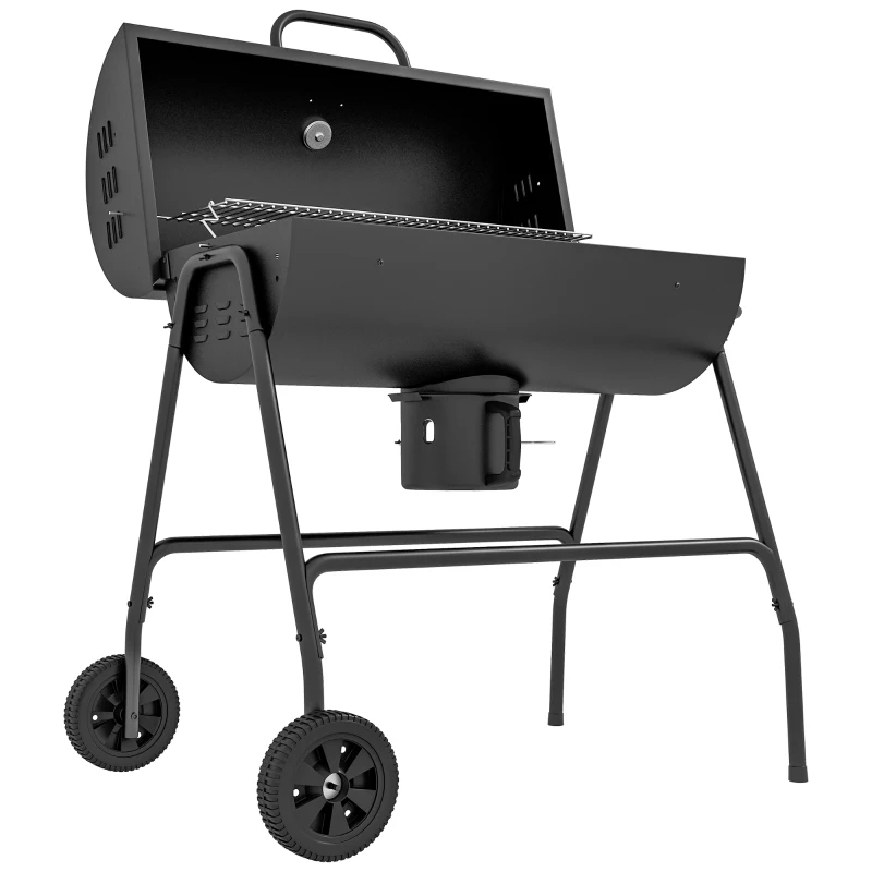 Outsunny Barrel Charcoal BBQ Smoker, Barbecue with 420 sq.in. Cooking Area, Wheels, Ash Catcher, Black