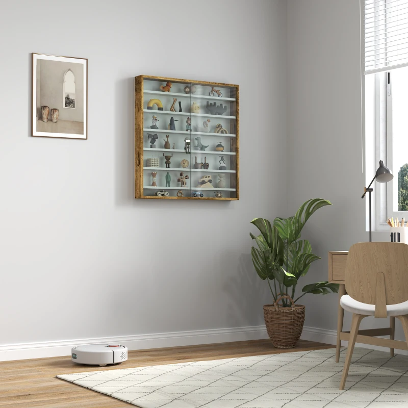 HOMCOM 7-Tier Display Cabinet, Shot Glass Display Case, Glass Curio Cabinet with 2 Glass Doors and 6 Adjustable Shelves, Rustic Brown